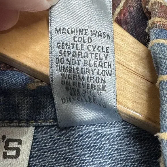 Chico's Jacket Womens 1 Medium Blue Denim Embroidered Applique Boho Mixed Media - Picture 5 of 10